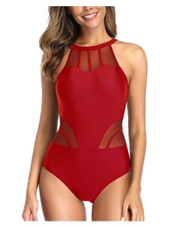 Holipick Women Mesh One Piece Swimsuit Tummy Control High Neck Sexy Cutout Bathing Suit Swimwear