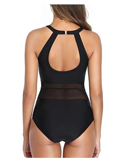 Buy Holipick Women Mesh One Piece Swimsuit Tummy Control High Neck Sexy Cutout Bathing Suit 