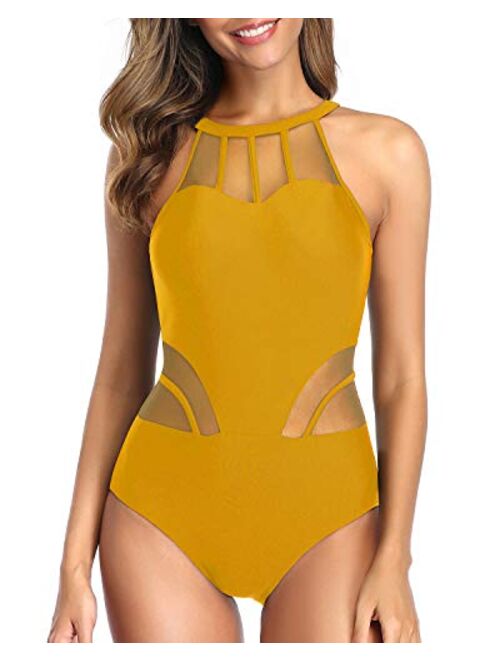 Holipick Women Mesh One Piece Swimsuit Tummy Control High Neck Sexy Cutout Bathing Suit Swimwear