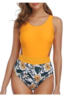 Women One Piece Swimsuit Cutout High Neck Printed Tummy Control Bathing Suit