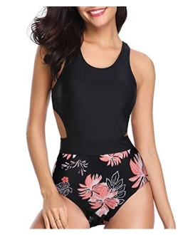 Women One Piece Swimsuit Cutout High Neck Printed Tummy Control Bathing Suit