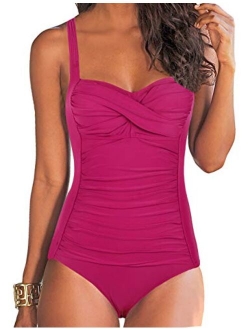 Women's One Piece Swimsuits Front Twist Bathing Suits Tummy Control Swimwear Retro Inspired Monokini