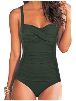 Women's One Piece Swimsuits Front Twist Bathing Suits Tummy Control Swimwear Retro Inspired Monokini