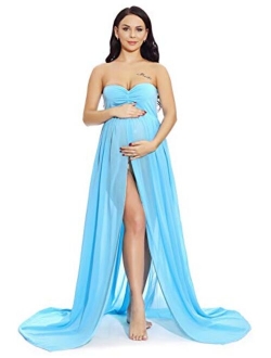 ZIUMUDY Maternity Chiffon Strapless Maxi Photography Dress Split Front Gown for Photoshoot