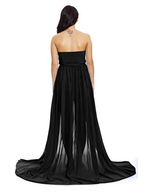 ZIUMUDY Maternity Chiffon Strapless Maxi Photography Dress Split Front Gown for Photoshoot