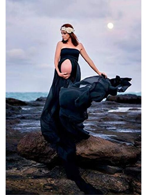 ZIUMUDY Maternity Chiffon Strapless Maxi Photography Dress Split Front Gown for Photoshoot