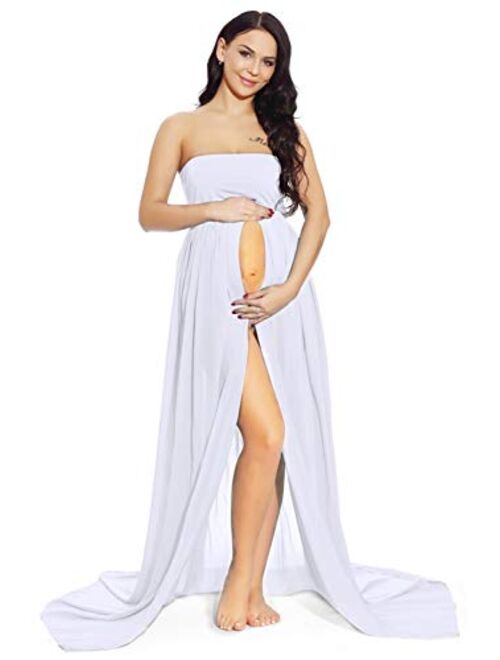 ZIUMUDY Maternity Chiffon Strapless Maxi Photography Dress Split Front Gown for Photoshoot