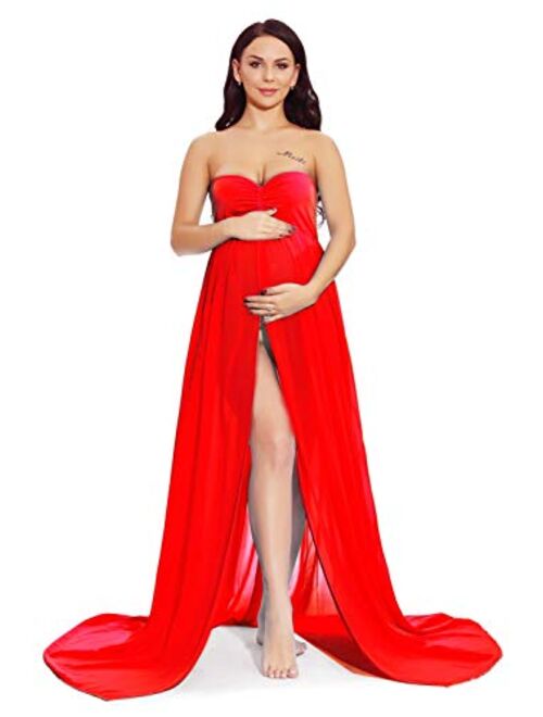 ZIUMUDY Maternity Chiffon Strapless Maxi Photography Dress Split Front Gown for Photoshoot