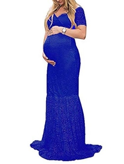 ZIUMUDY Womens Off Shoulder Short Sleeve V Neck Lace Maternity Gown Maxi Photography Dress