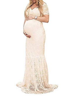 ZIUMUDY Womens Off Shoulder Short Sleeve V Neck Lace Maternity Gown Maxi Photography Dress