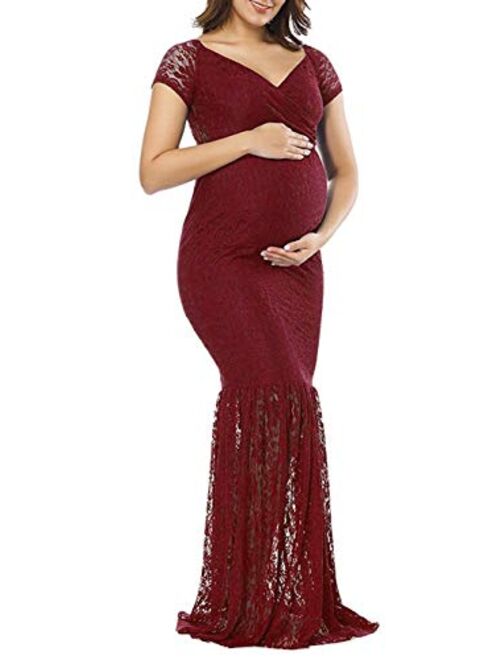 ZIUMUDY Womens Off Shoulder Short Sleeve V Neck Lace Maternity Gown Maxi Photography Dress