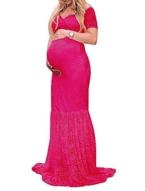 ZIUMUDY Womens Off Shoulder Short Sleeve V Neck Lace Maternity Gown Maxi Photography Dress