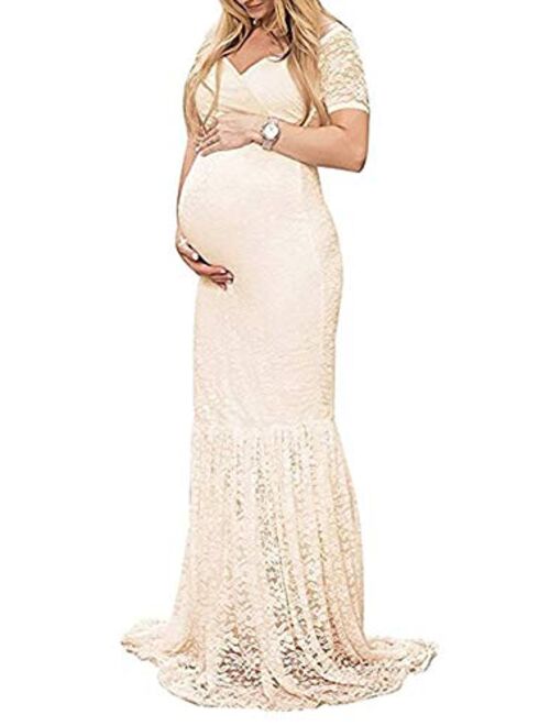 ZIUMUDY Womens Off Shoulder Short Sleeve V Neck Lace Maternity Gown Maxi Photography Dress