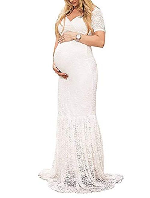 ZIUMUDY Womens Off Shoulder Short Sleeve V Neck Lace Maternity Gown Maxi Photography Dress