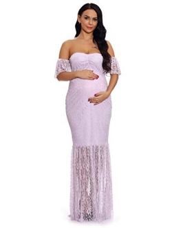 ZIUMUDY Women's Off Shoulder Ruffle Sleeve Lace Mermaid Maternity Baby Shower Gown Maxi Photography Dress