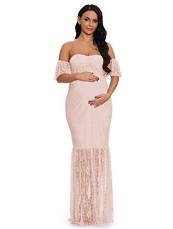 ZIUMUDY Women's Off Shoulder Ruffle Sleeve Lace Mermaid Maternity Baby Shower Gown Maxi Photography Dress