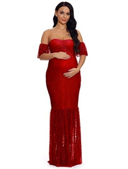 ZIUMUDY Women's Off Shoulder Ruffle Sleeve Lace Mermaid Maternity Baby Shower Gown Maxi Photography Dress