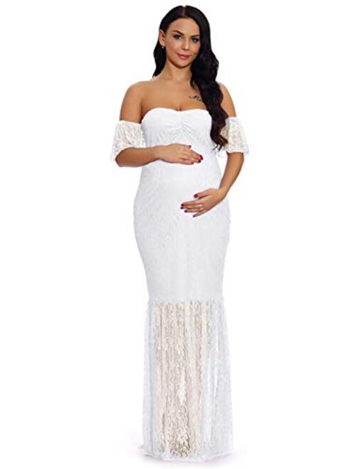 ZIUMUDY Women's Off Shoulder Ruffle Sleeve Lace Mermaid Maternity Baby Shower Gown Maxi Photography Dress