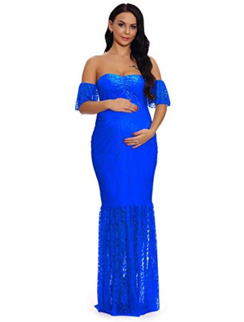 ZIUMUDY Women's Off Shoulder Ruffle Sleeve Lace Mermaid Maternity Baby Shower Gown Maxi Photography Dress