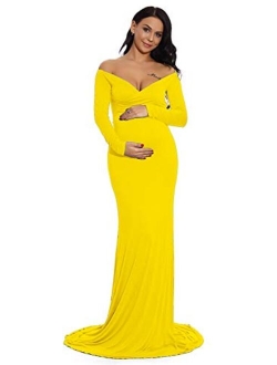 ZIUMUDY Maternity Fitted Gown V Neck Ruched Off Shoulder Long Sleeve Maxi Photography Dress