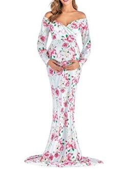 ZIUMUDY Maternity Fitted Gown V Neck Ruched Off Shoulder Long Sleeve Maxi Photography Dress