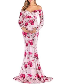 ZIUMUDY Maternity Fitted Gown V Neck Ruched Off Shoulder Long Sleeve Maxi Photography Dress