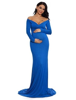 ZIUMUDY Maternity Fitted Gown V Neck Ruched Off Shoulder Long Sleeve Maxi Photography Dress