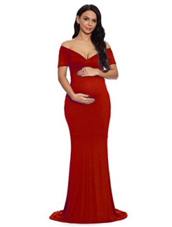 ZIUMUDY Maternity Fitted Gown V Neck Ruched Off Shoulder Long Sleeve Maxi Photography Dress