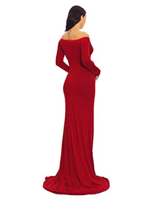 ZIUMUDY Maternity Fitted Gown V Neck Ruched Off Shoulder Long Sleeve Maxi Photography Dress