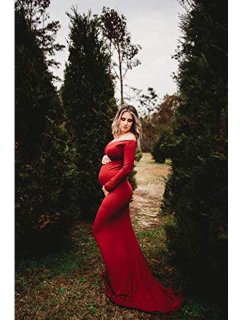 ZIUMUDY Maternity Fitted Gown V Neck Ruched Off Shoulder Long Sleeve Maxi Photography Dress