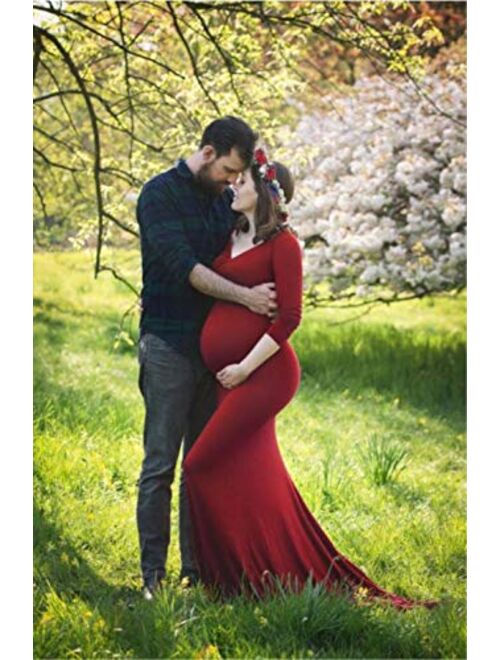 ZIUMUDY Maternity Fitted Gown V Neck Ruched Off Shoulder Long Sleeve Maxi Photography Dress