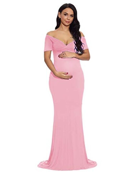 ZIUMUDY Maternity Fitted Gown V Neck Ruched Off Shoulder Long Sleeve Maxi Photography Dress