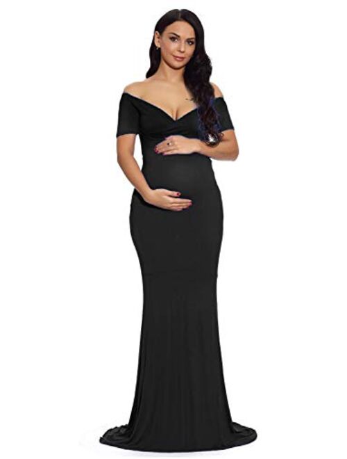 ZIUMUDY Maternity Fitted Gown V Neck Ruched Off Shoulder Long Sleeve Maxi Photography Dress