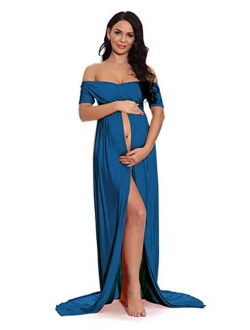 ZIUMUDY Maternity Off Shoulder Wraped Ruched Gown Split Front Maxi Photography Dress