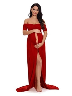 ZIUMUDY Maternity Off Shoulder Wraped Ruched Gown Split Front Maxi Photography Dress