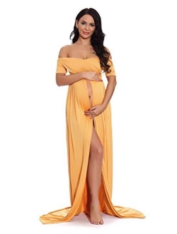 ZIUMUDY Maternity Off Shoulder Wraped Ruched Gown Split Front Maxi Photography Dress