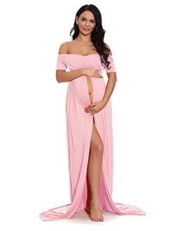 ZIUMUDY Maternity Off Shoulder Wraped Ruched Gown Split Front Maxi Photography Dress