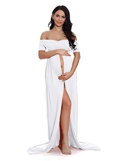 ZIUMUDY Maternity Off Shoulder Wraped Ruched Gown Split Front Maxi Photography Dress