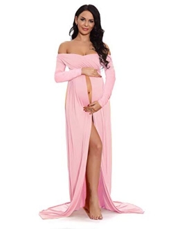 ZIUMUDY Maternity Off Shoulder Wraped Ruched Gown Split Front Maxi Photography Dress