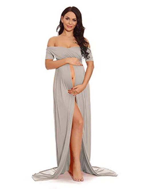 ZIUMUDY Maternity Off Shoulder Wraped Ruched Gown Split Front Maxi Photography Dress