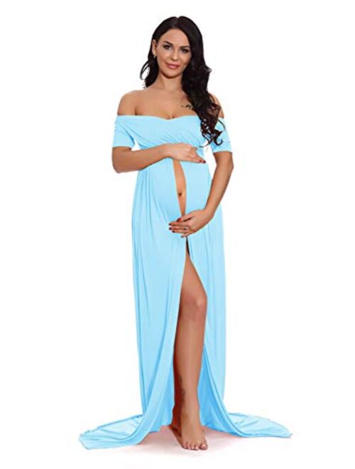 ZIUMUDY Maternity Off Shoulder Wraped Ruched Gown Split Front Maxi Photography Dress