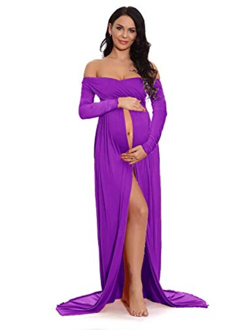 ZIUMUDY Maternity Off Shoulder Wraped Ruched Gown Split Front Maxi Photography Dress