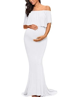 Love2Mi Womens Maternity Off Shoulder Ruffles Dress Mama Photography Slim Fitted Gown