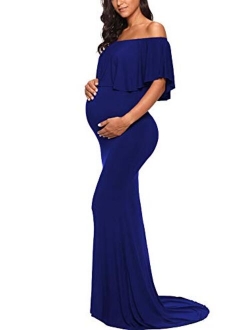 Love2Mi Womens Maternity Off Shoulder Ruffles Dress Mama Photography Slim Fitted Gown