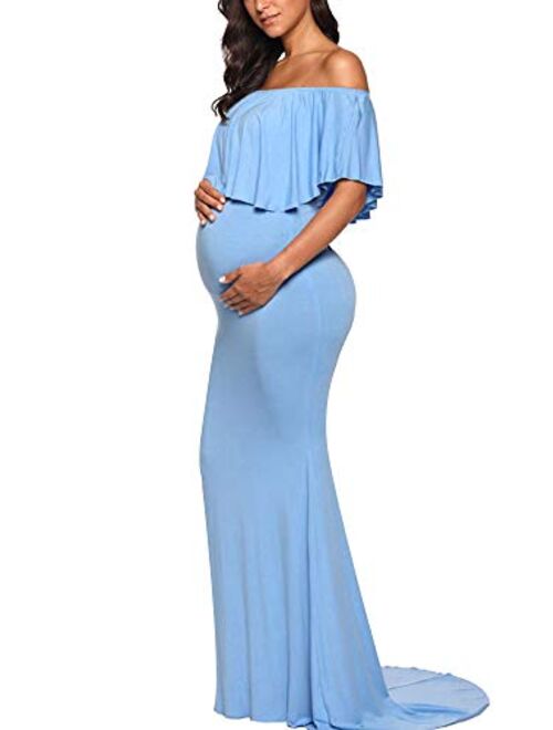 Love2Mi Womens Maternity Off Shoulder Ruffles Dress Mama Photography Slim Fitted Gown