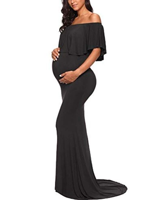 Love2Mi Womens Maternity Off Shoulder Ruffles Dress Mama Photography Slim Fitted Gown