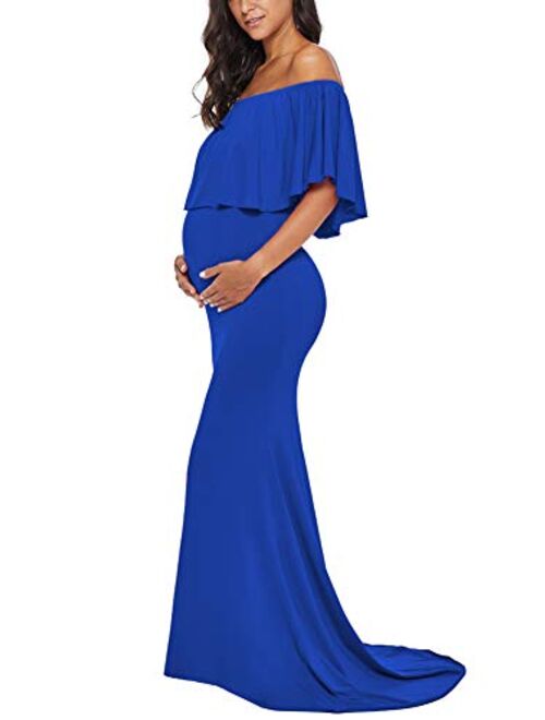 Love2Mi Womens Maternity Off Shoulder Ruffles Dress Mama Photography Slim Fitted Gown