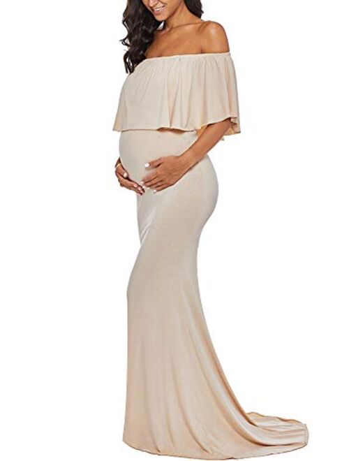 Love2Mi Womens Maternity Off Shoulder Ruffles Dress Mama Photography Slim Fitted Gown