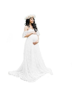 Women's Off Shoulder Ruffle Sleeve Lace Maternity Gown Maxi Photography Dress