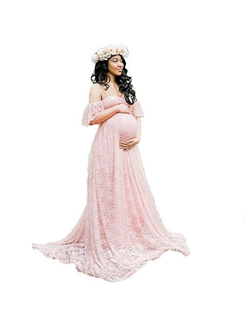 Women's Off Shoulder Ruffle Sleeve Lace Maternity Gown Maxi Photography Dress